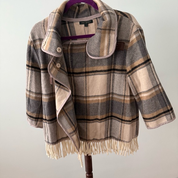 NWOT For Cynthia Plaid Fringe Jacket Coat L 3/4 Sleeve Buckle Snap Button Sz L - Picture 2 of 11